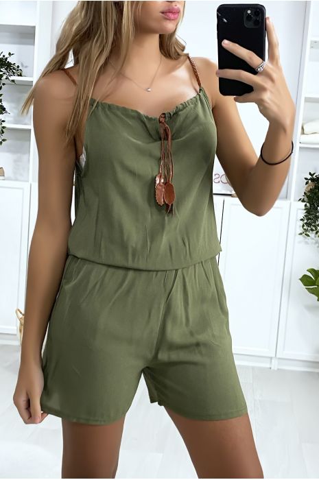 Combi-short kaki en coton avec lacet au bretelle et noeud au col - 5