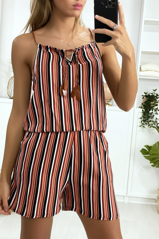 Red black white striped cotton playsuit with lace on the shoulder strap - 1