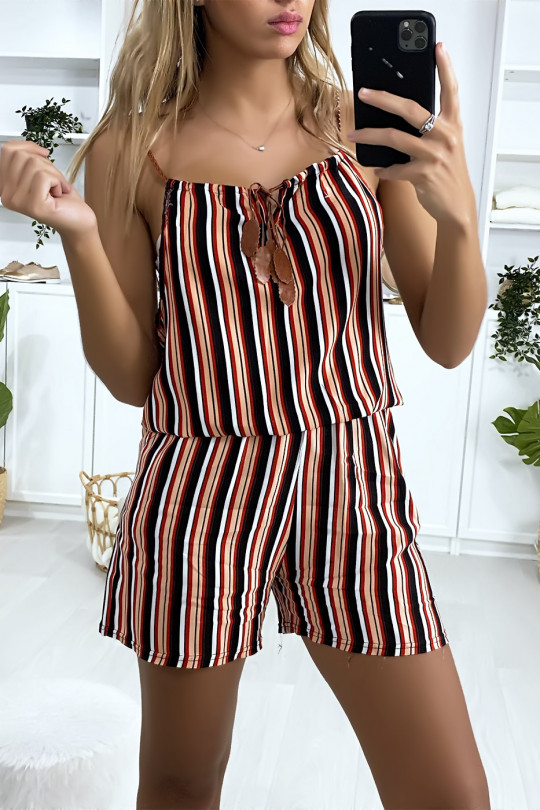 Red black white striped cotton playsuit with lace on the shoulder strap - 6