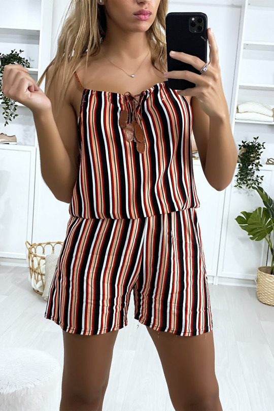 Red black white striped cotton playsuit with lace on the shoulder strap - 5