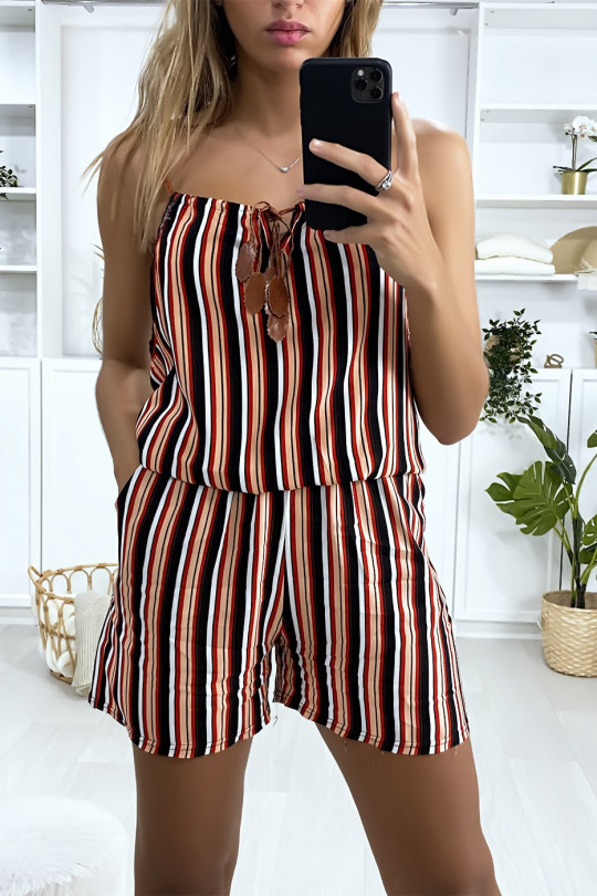 Red black white striped cotton playsuit with lace on the shoulder strap - 7