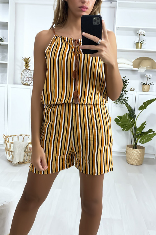 Mustard striped black white cotton playsuit with lace on the shoulder strap - 2