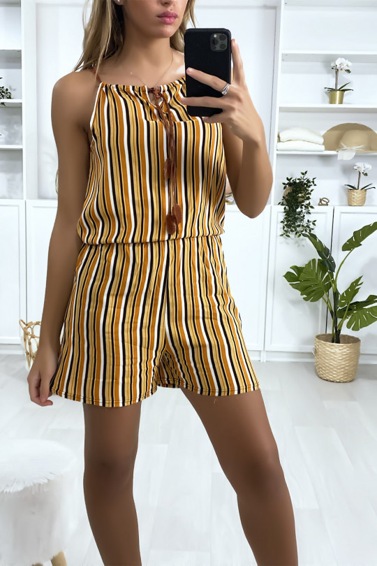 Mustard striped black white cotton playsuit with lace on the shoulder strap - 1