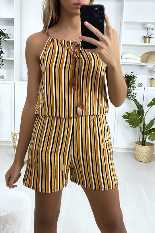 Mustard striped black white cotton playsuit with lace on the shoulder strap - 6