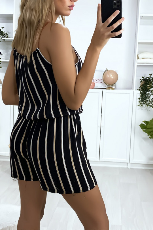 Combi-short rayé noir et camel en coton avec lacet au bretelle - 5