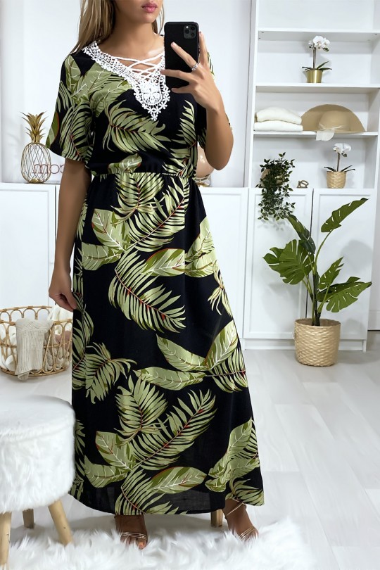 Long black leaf print dress with embroidery on the bust - 2
