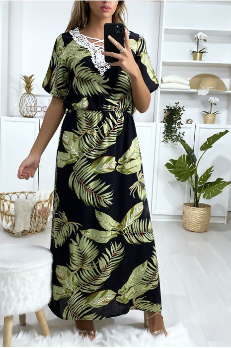 Long black leaf print dress with embroidery on the bust - 1