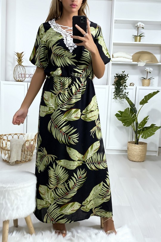 Long black leaf print dress with embroidery on the bust - 1