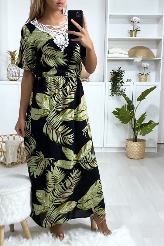 Long black leaf print dress with embroidery on the bust - 3