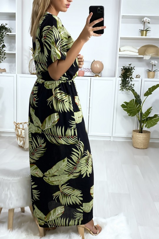 Long black leaf print dress with embroidery on the bust - 5