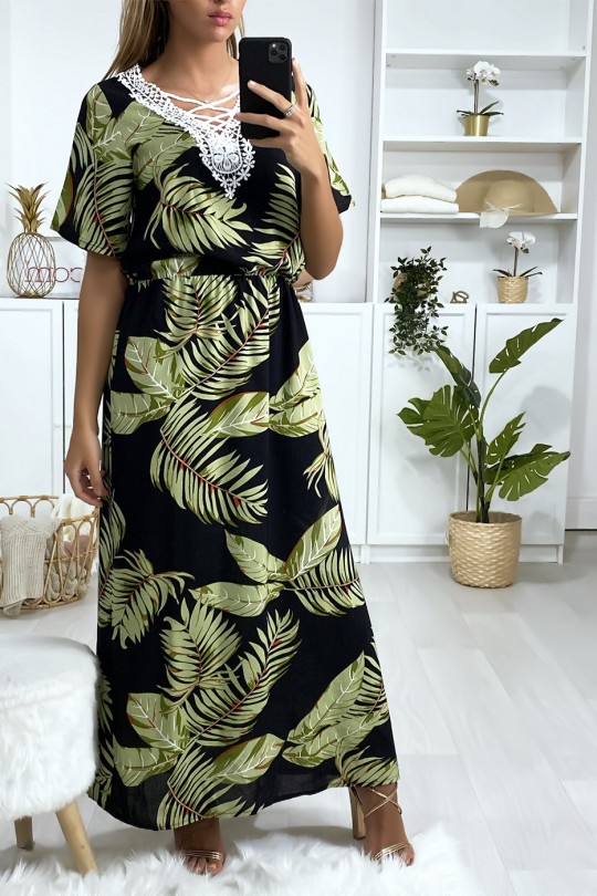 Long black leaf print dress with embroidery on the bust - 6