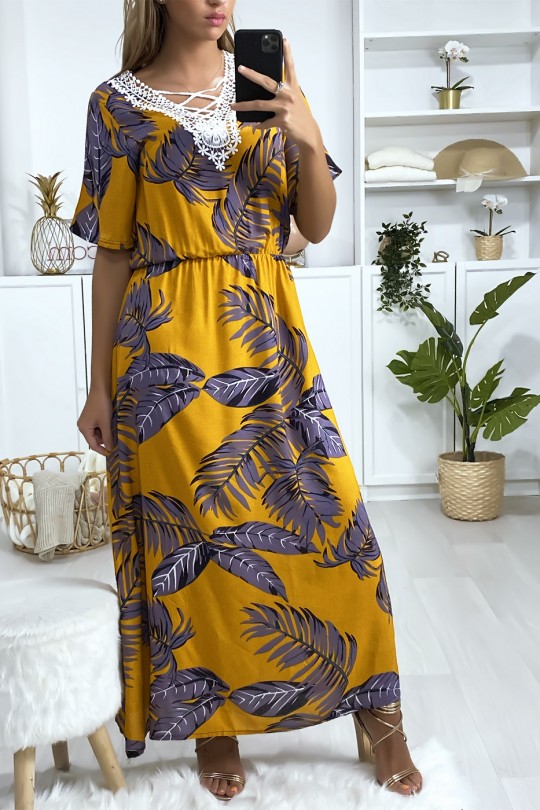 Long mustard leaf print dress with embroidery on the bust - 2