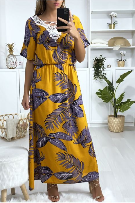 Long mustard leaf print dress with embroidery on the bust - 1
