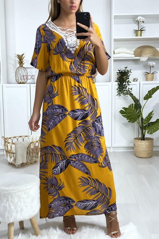 Long mustard leaf print dress with embroidery on the bust - 3