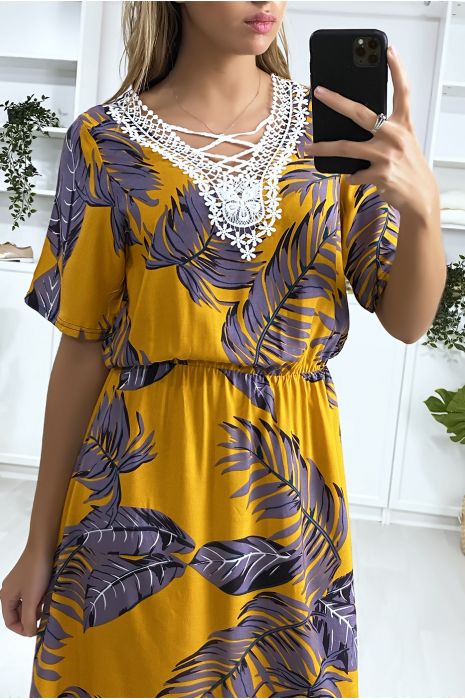 Long mustard leaf print dress with embroidery on the bust - 4