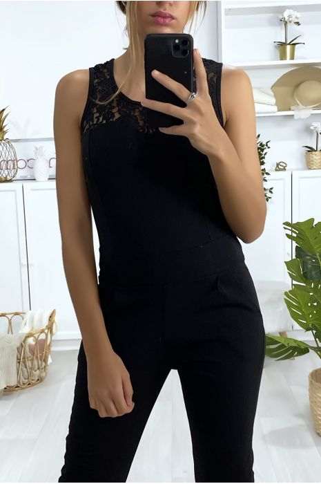 Combinaison noir avec poches et dentelle au buste - 3