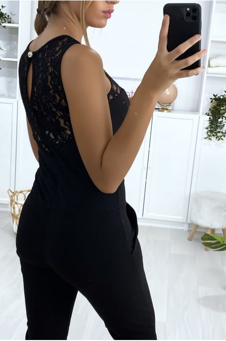 Combinaison noir avec poches et dentelle au buste - 6