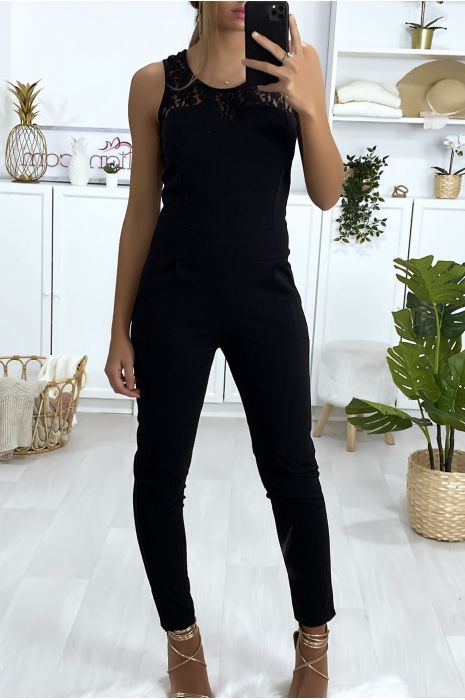 Combinaison noir avec poches et dentelle au buste - 5