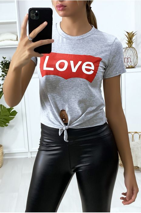 Super crop top gris avec noeud et écriture LOVE - 2