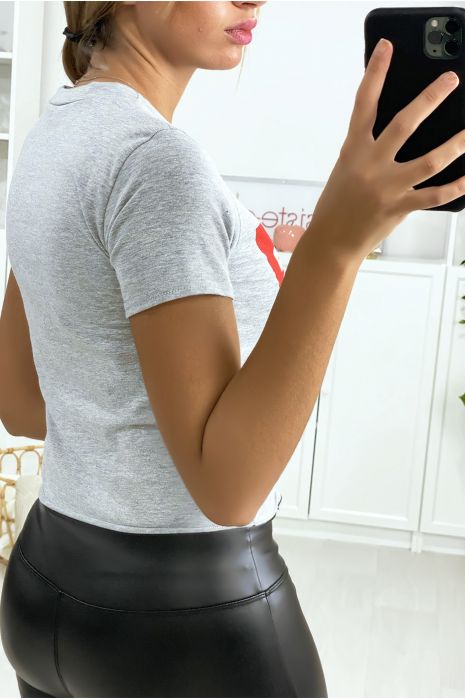 Super crop top gris avec noeud et écriture LOVE - 4