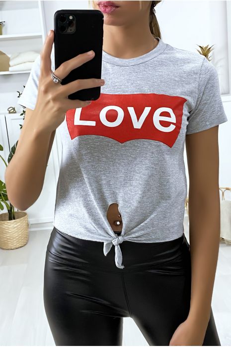 Super crop top gris avec noeud et écriture LOVE - 3