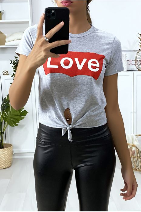 Super crop top gris avec noeud et écriture LOVE - 1