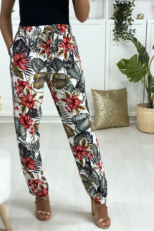 Pantalon fluide blanc en coton avec poches et motif fleuris - 2