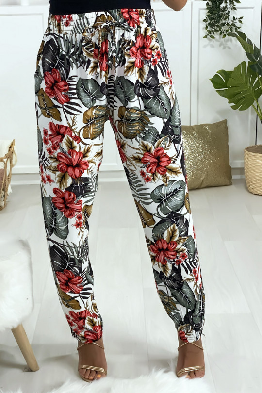 Pantalon fluide blanc en coton avec poches et motif fleuris - 4