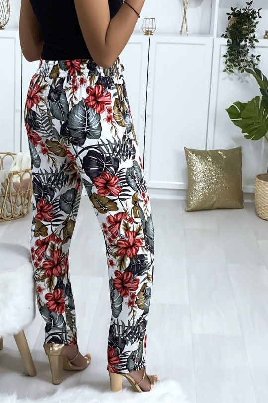 Pantalon fluide blanc en coton avec poches et motif fleuris - 5