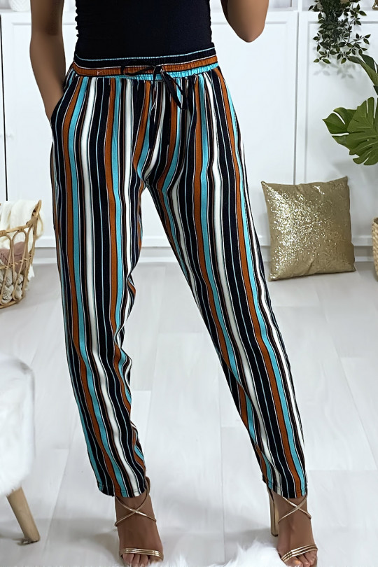 Turquoise-dominated striped cotton pants with pockets - 3