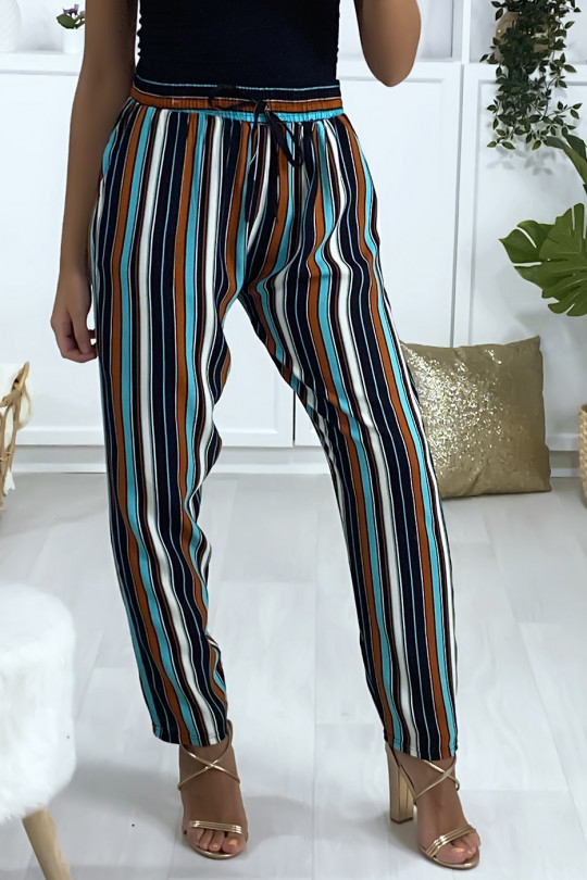 Turquoise-dominated striped cotton pants with pockets - 2