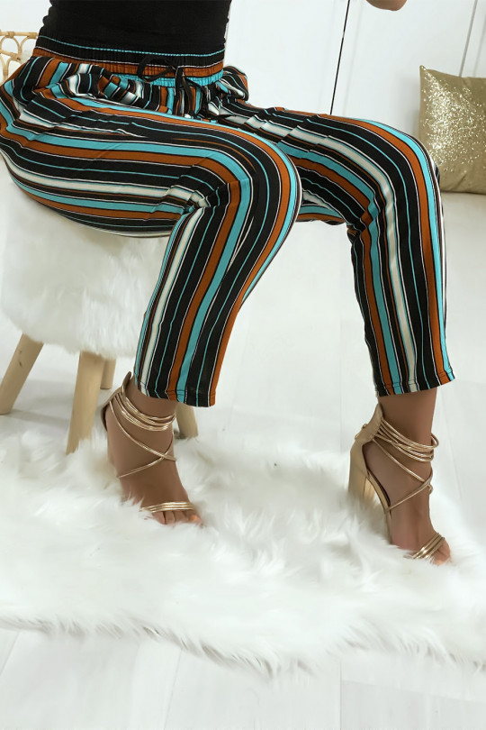Turquoise-dominated striped cotton pants with pockets - 6