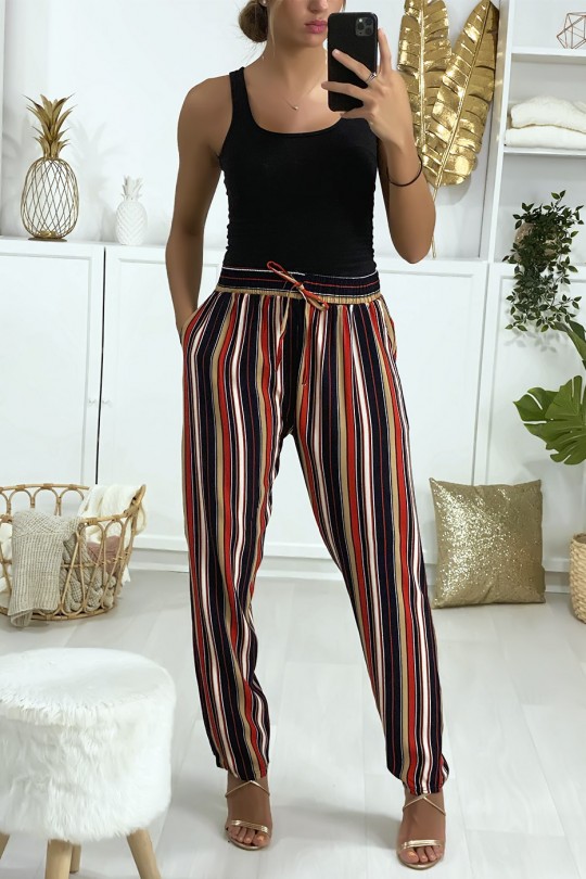Red predominantly striped cotton pants with pockets - 2