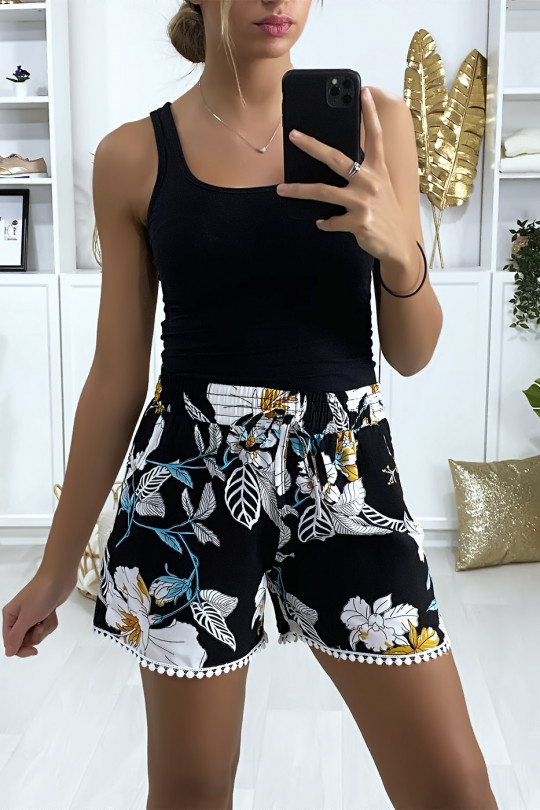Black blue flower pattern cotton shorts with pockets - 5