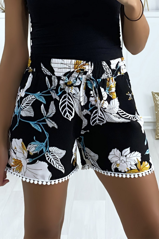 Black blue flower pattern cotton shorts with pockets - 4