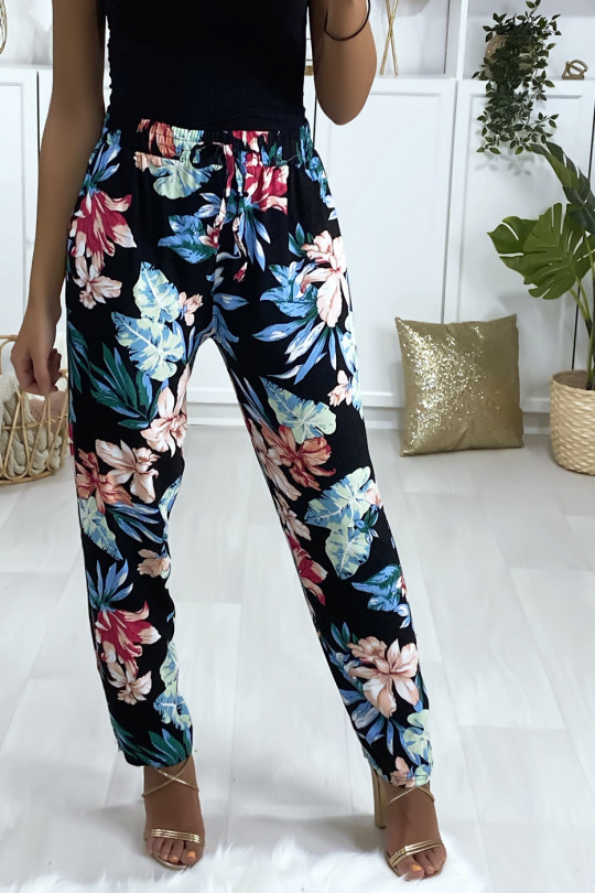 Pantalon motif fleuris noir bleu fuchsia en coton avec poches