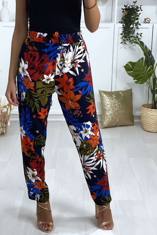 Black floral pattern cotton pants with pockets - 1