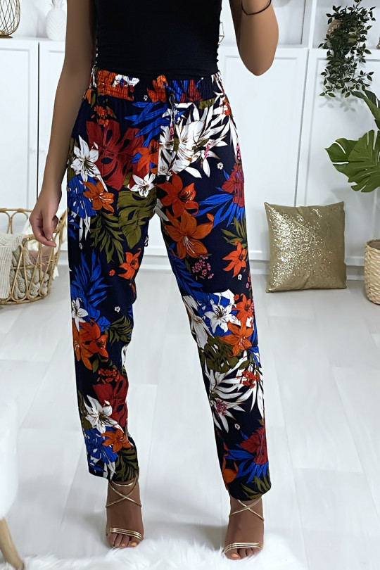 Black floral pattern cotton pants with pockets - 3
