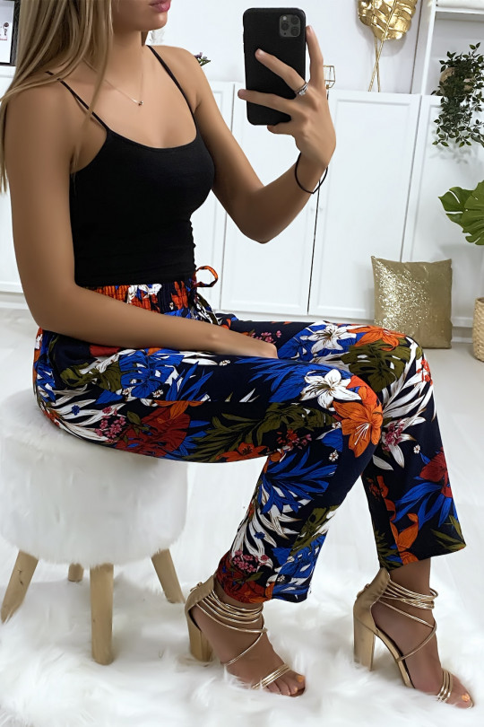 Black floral pattern cotton pants with pockets - 5