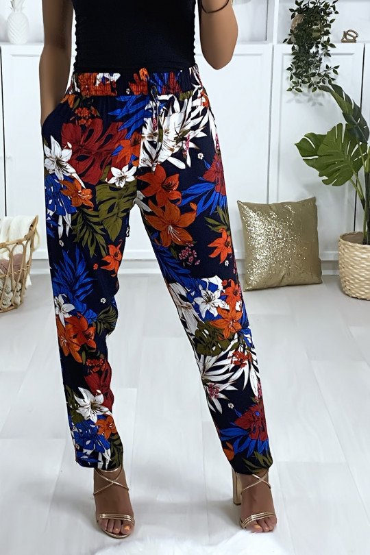 Pantalon noir motif fleuris en coton avec poches