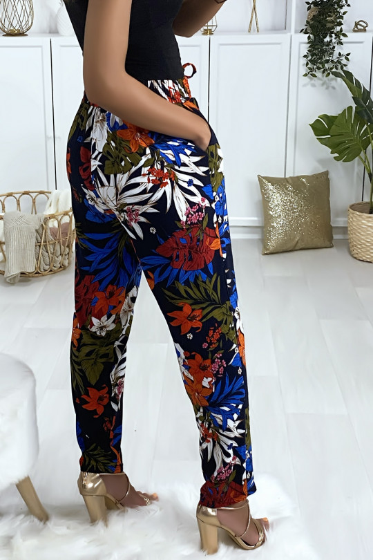 Black floral pattern cotton pants with pockets - 4