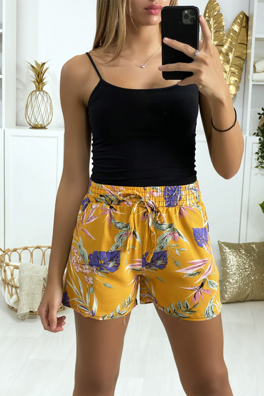 Mustard flower pattern cotton shorts with pockets - 3