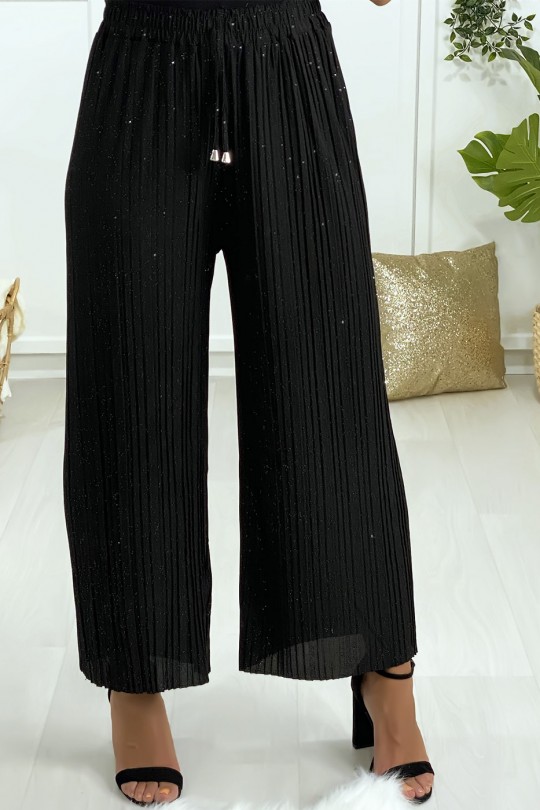 Slightly sequined pleated black palazzo pants - 2