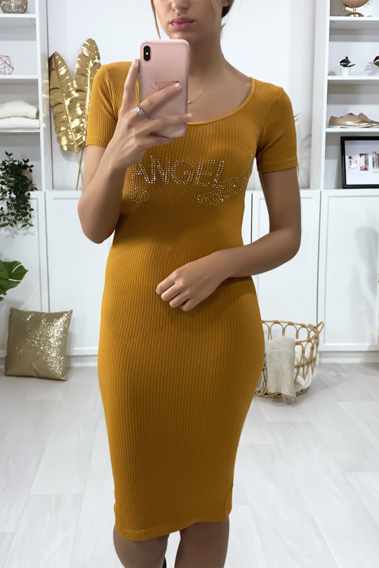Bodycon Mustard dress with writing and rhinestone wings "ANGEL" - 3