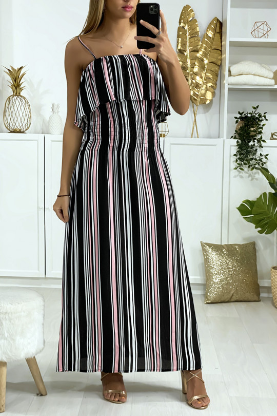 Long black and pink striped dress with flounce and elastic at the waist - 1