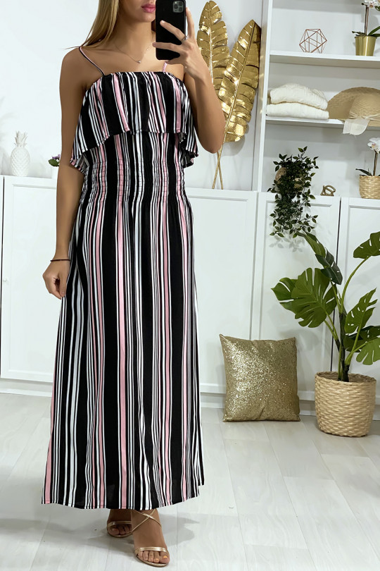Long black and pink striped dress with flounce and elastic at the waist - 2