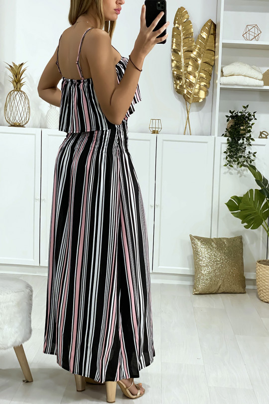 Long black and pink striped dress with flounce and elastic at the waist - 6