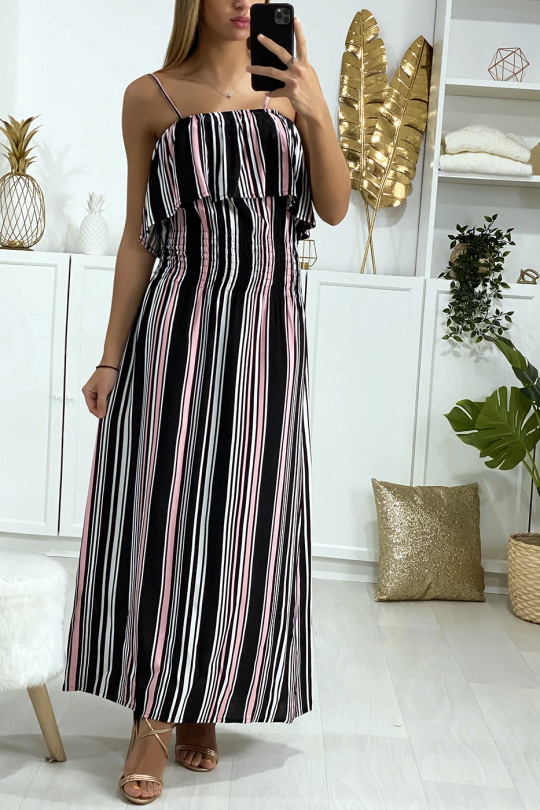Long black and pink striped dress with flounce and elastic at the waist - 5