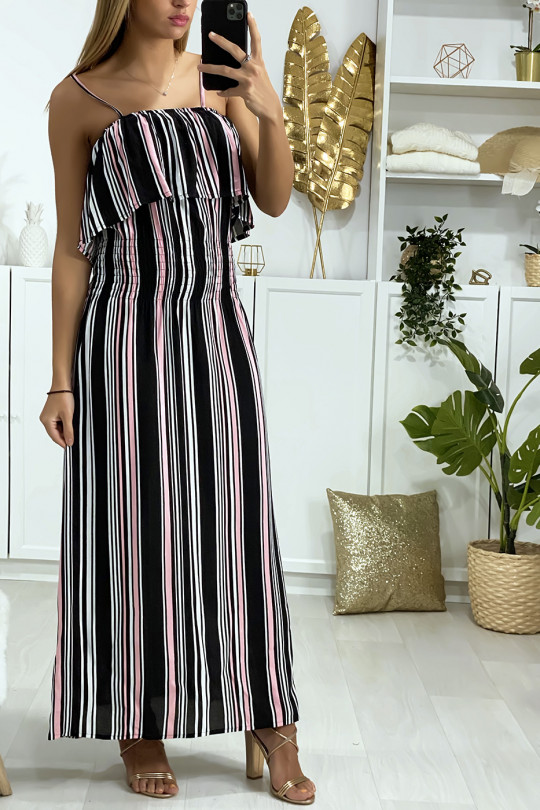 Long black and pink striped dress with flounce and elastic at the waist - 4