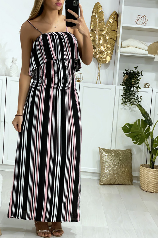 Long black and pink striped dress with flounce and elastic at the waist - 3